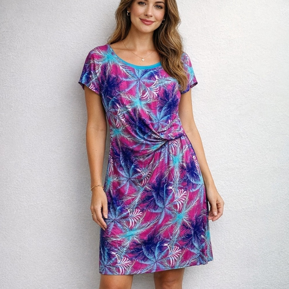Aditi Beachy Palm Tree Printed Round Neck knotted Cap Sleeve Dress Size 12